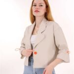 Bej Kol Büzgülü Gabardin Crop Ceket