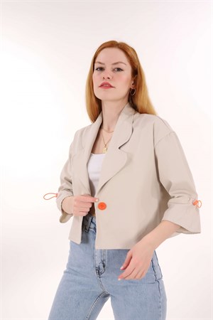 Bej Kol Büzgülü Gabardin Crop Ceket
