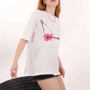 Beyaz Guitar Baskılı Tshirt