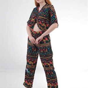 Çok Renkli Etnik Desen Pantolon Bluz Takım
