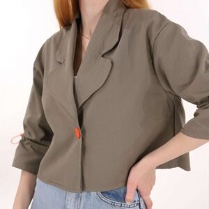 Haki Kol Büzgülü Gabardin Crop Ceket