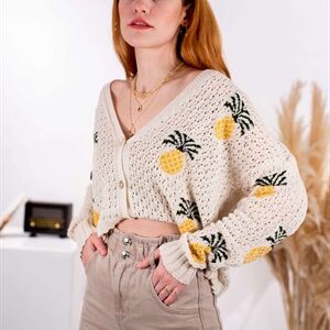 Krem Ananas Desen Delikli Hırka