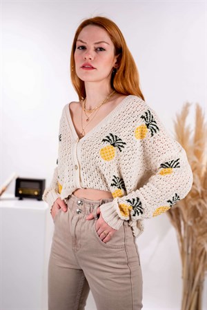 Krem Ananas Desen Delikli Hırka