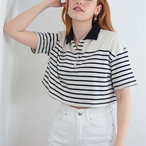 Krem Çizgili Polo Yaka Crop Tshirt