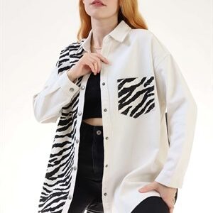 Krem Parçalı Zebra Desen Gabardin Ceket