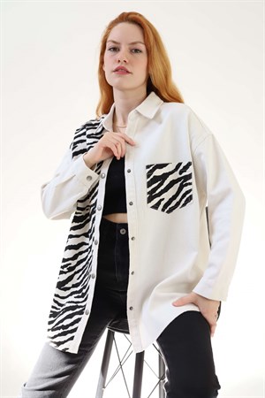 Krem Parçalı Zebra Desen Gabardin Ceket