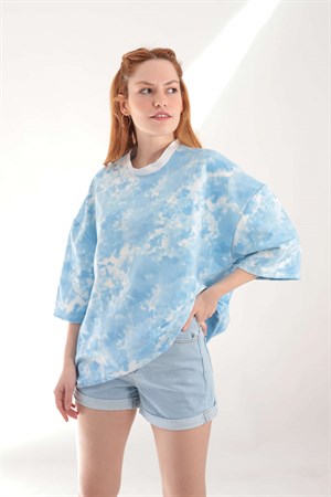 Mavi Batik Yıkama Oversize Tshirt