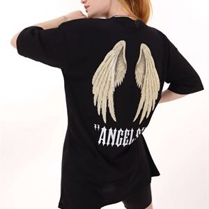 Siyah Angels Sırt Kanat Baskı Tshirt