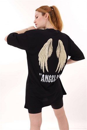 Siyah Angels Sırt Kanat Baskı Tshirt