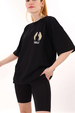 Siyah Angels Sırt Kanat Baskı Tshirt
