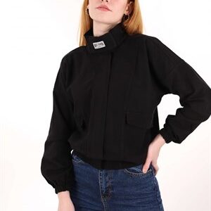 Siyah Bel Lastikli Gabardin Bomber