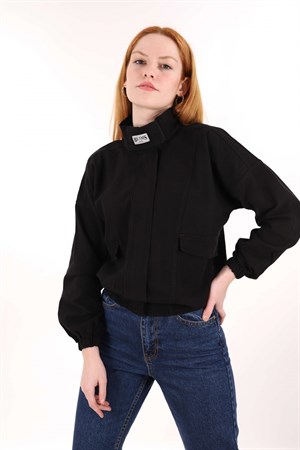 Siyah Bel Lastikli Gabardin Bomber