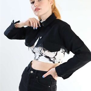 Siyah Crop Kesik Kot Ceket