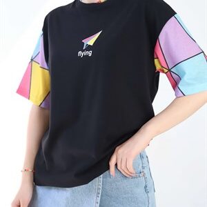 Siyah Flying Kol Desenli Tshirt