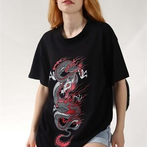 Siyah Göğüs Baskı Dragon Tshirt