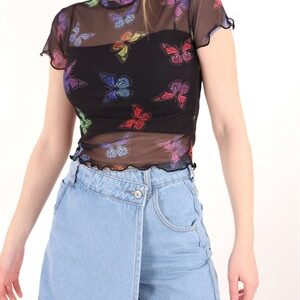 Siyah Kelebek Desen Tül Crop