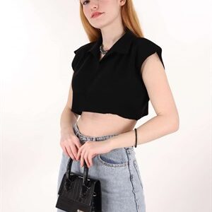 Siyah Kolsuz Polo Yaka Triko Crop