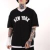 Siyah New York Sırt Nakış Kolej Tshirt