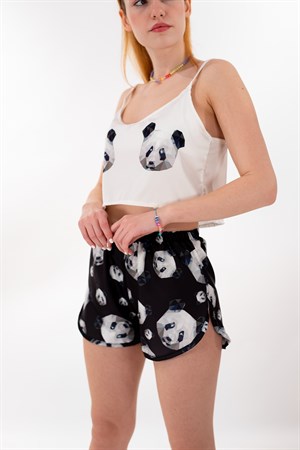 Siyah Panda Saten Pijama Takımı