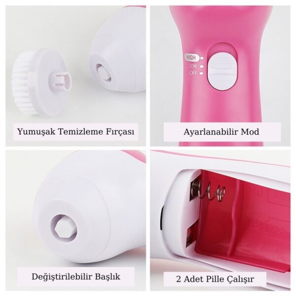 BUFFER® Pilli Yüz Cilt Temizleme Cihazı Siyah Nokta Peeling Fırça Seti Vücut Yüz Bakımı Masaj Aleti 5 in 1