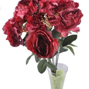 BUFFER® 11 Dallı 50 cm  Kırmızı Damarlı Gül Demeti Dekoratif Yapay Çiçek