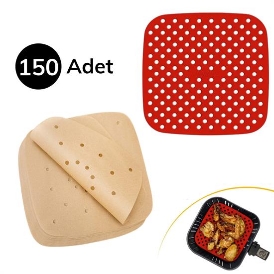 BUFFER® 150 Adet Kullan-At Delikli Kare Model Pişirme Kağıdı Ve Kare Kırmızı Pişirme Matı 21