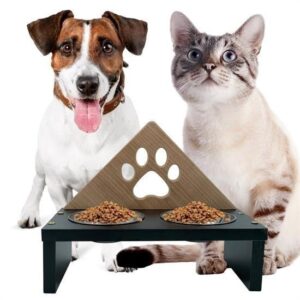 BUFFER® Ahşap Paslanmaz Çelik Kedi Köpek Toz Hazneli 2li Demonte Stand Metal Mama ve Su Kabı Kutusu