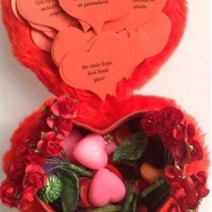 BUFFER® Kuru Kırmızı Gül Yapraklı 365 Gün Romantik Mesajlı Peluş Aşk Kutusu