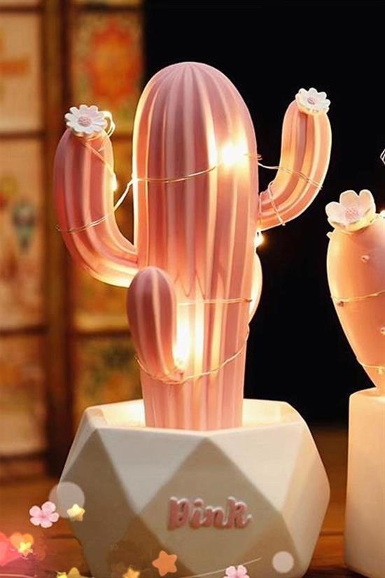 BUFFER® Led Işıklı Sevimli Kaktüs Dekoratif Masa Lambası Mini Biblo Gece Lambası-Pembe