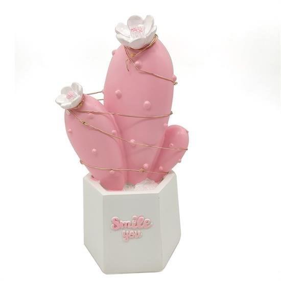 BUFFER® Led Işıklı Sevimli Kaktüs Dekoratif Masa Lambası Mini Biblo Gece Lambası Pembe