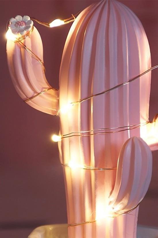 BUFFER® Led Işıklı Sevimli Kaktüs Dekoratif Masa Lambası Mini Biblo Gece Lambası-Pembe