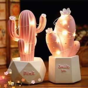 BUFFER® Led Işıklı Sevimli Kaktüs Dekoratif Masa Lambası Mini Biblo Gece Lambası Pembe