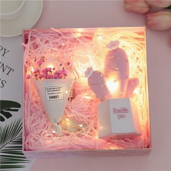 BUFFER® Led Işıklı Sevimli Kaktüs Dekoratif Masa Lambası Mini Biblo Gece Lambası Pembe