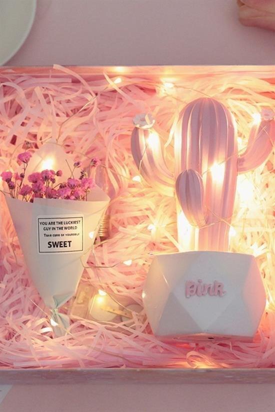 BUFFER® Led Işıklı Sevimli Kaktüs Dekoratif Masa Lambası Mini Biblo Gece Lambası-Pembe