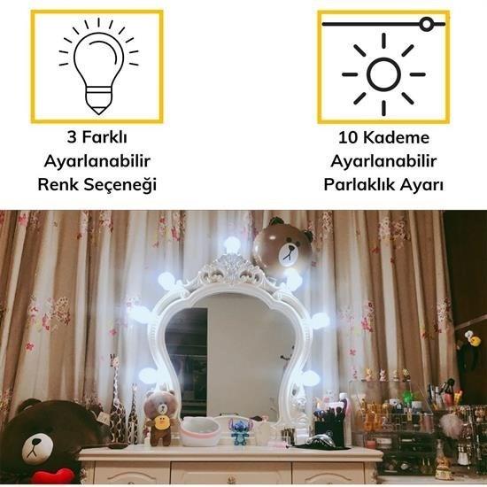 BUFFER® Nostalji Hollywood Tarzı 10lu Makyaj Masası Aynası Beyaz Led Işıklı Lamba USB