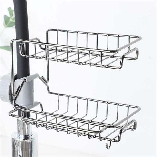 BUFFER® Paslanmaz Çelik İki Katlı Mutfak ve Banyo Organizer Musluk Sabunluk Şampuanlık Rafı