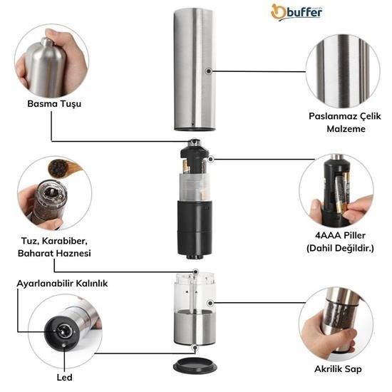 BUFFER® Pilli Işıklı Otomatik Ayarlanabilen Kalınlıklı Tuz Karabiber Baharat Değirmen Öğütücü