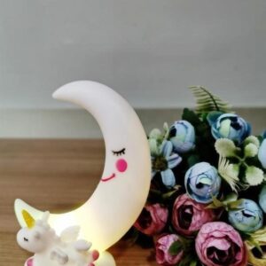 BUFFER® Sevimli Ay Ve Unicorn Dekorlu Renk Değiştiren Gece Lambası Beyaz
