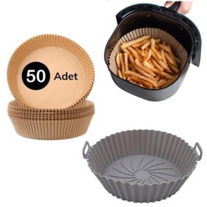 BUFFER® Silikon Airfryer Gri 20 Cm ve 50 Adet Tek Kullanımlık Pişirme Kağıdı Yuvarlak Tabak Model